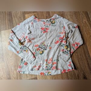 LOFT Floral Long Sleeve Top - Gray with Red and Yellow Accents